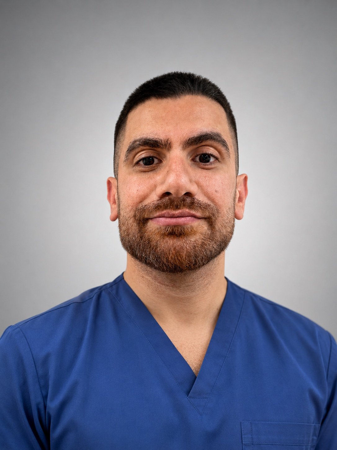 Dr. Abed Khabbaz wearing blue dental scrubs